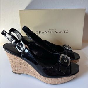FRANCO SARTO Carnival Black Patent Leather Cork Wedges Women 10 Pinup espadrille